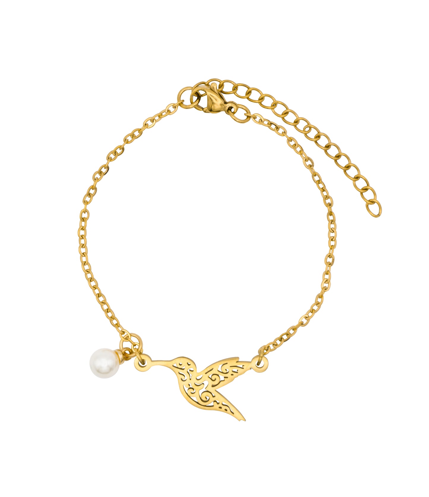 Edelstahl Armband mit filigranem Vogel und Perlen Anhänger